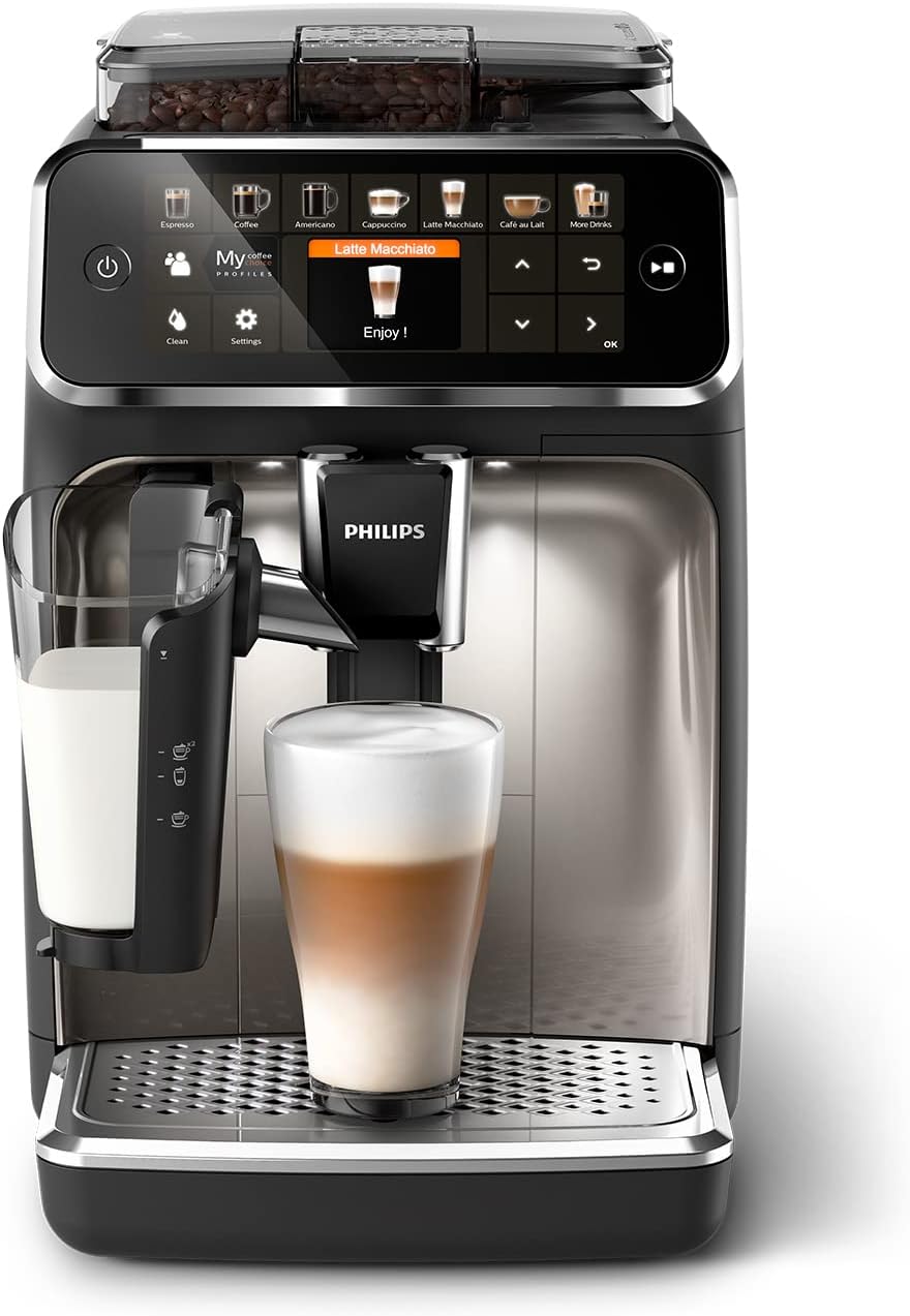 Expresso broyeur Série 5400 – 12 Spécialités de Café, Carafe LatteGo facile à nettoyer, Ecran intuitif, 4 Profils Utilisateur, Machine à café à grain Noir Chrome (EP5547/90)