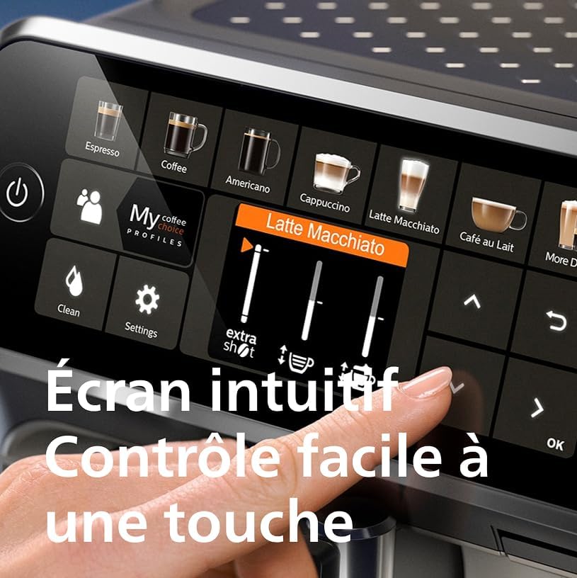 Expresso broyeur Série 5400 – 12 Spécialités de Café, Carafe LatteGo facile à nettoyer, Ecran intuitif, 4 Profils Utilisateur, Machine à café à grain Noir Chrome (EP5547/90)